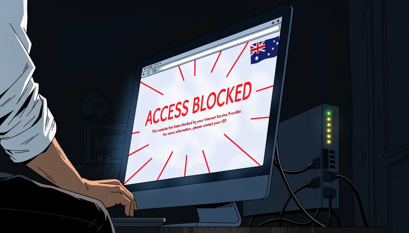 Blocked webpage warning on computer screen with Australian flag